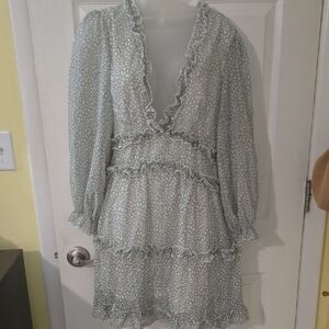 Teal/green Floral Ruffle Long Sleeve Deep V Neck Dress